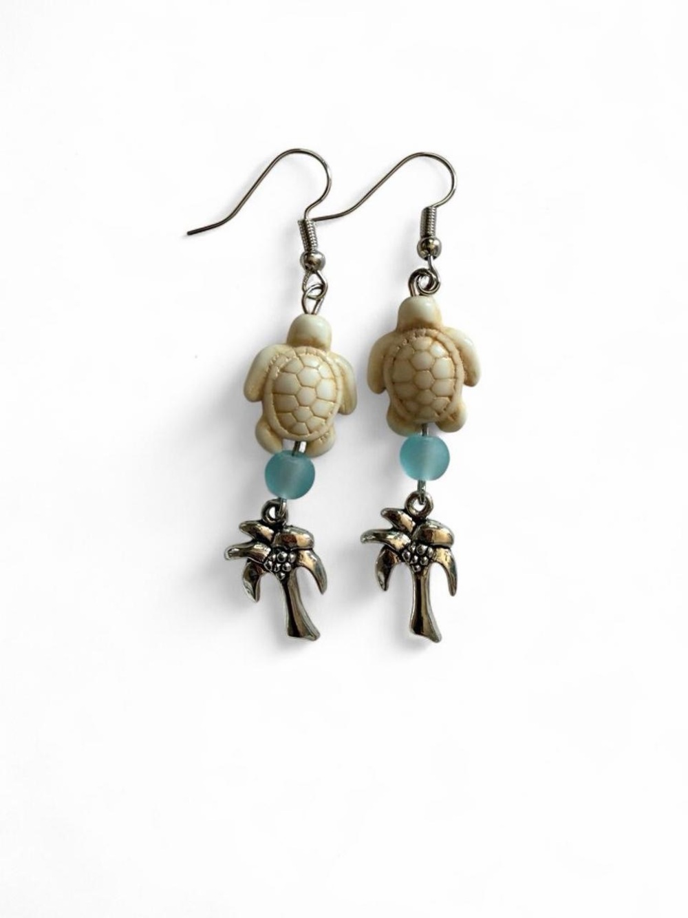 Handmade Sea Turtle & Palm Tree Beaded Earrings Boho Beach